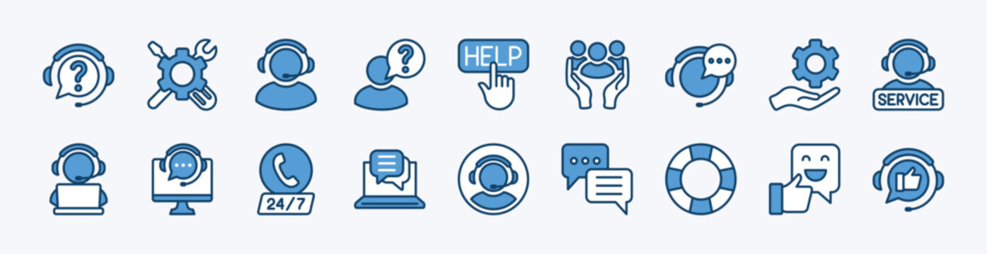 Set of customer service, support and help icon. Contains assistance, operator, technical question, lifebuoy, maintenance, repair, care, call, response, satisfaction, online - vector illustration
