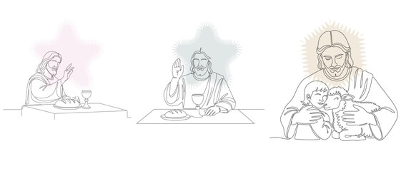 Obraz premium Line art illustrations depicting scenes from the life of Jesus Christ, including the Last Supper and holding children.