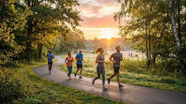 Diverse group of people running together on a scenic park path at sunrise.