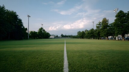 Fototapeta premium An empty expansive green sports field with a white centerline under a dynamic cloudy sky