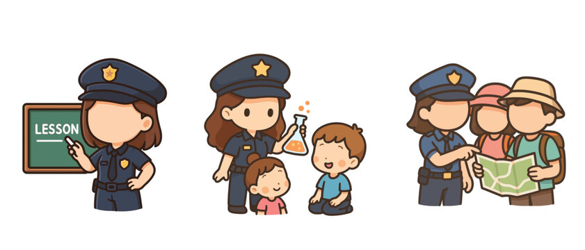 Policewoman teaching and guiding children with map and experiment