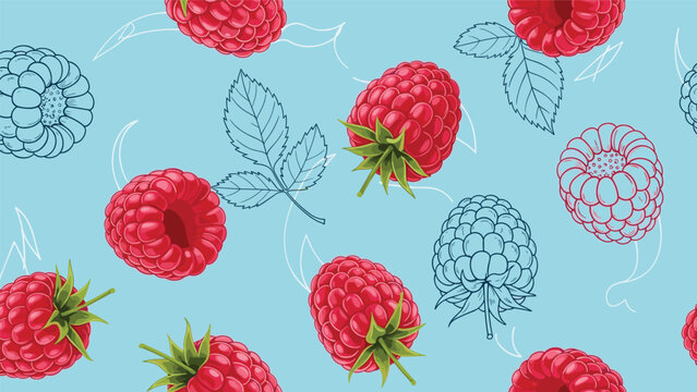 Delicious pattern of ripe red raspberries and line art leaves on a refreshing light blue background for food themes.