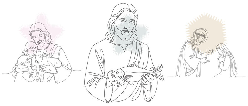 Minimalist Line Art Depicting Biblical Scenes: Jesus with Fish, Mother and Child, and Saint with Halo