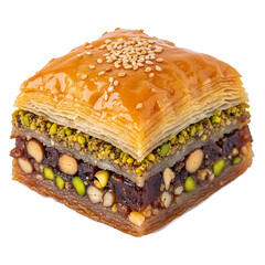 Baklava Delight: A close-up shot showcasing a single piece of baklava, a classic dessert with flaky layers, nuts, and a sweet, syrupy glaze.
