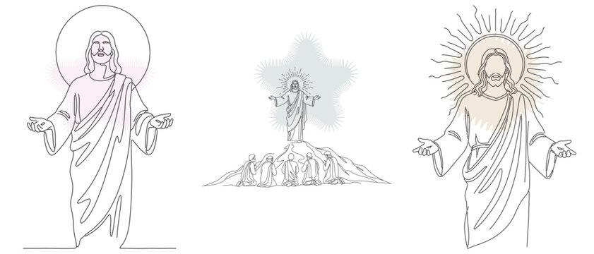 Minimalist Line Art Illustrations of Jesus Christ with Halo and Welcoming Gestures, Religious Concepts and Divine Grace