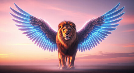 Majestic Fantasy Lion with Massive Glowing Neon Blue Wings Spread Wide Standing at Dramatic Sunset in Magical Misty Landscape, Mythical Creature Symbol Power Concept Art