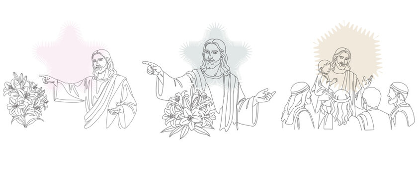 Vintage Line Art Illustrations of Jesus Christ with Lilies and Disciples, Religious Scenes for Faith-Based Designs and Historical Depictions