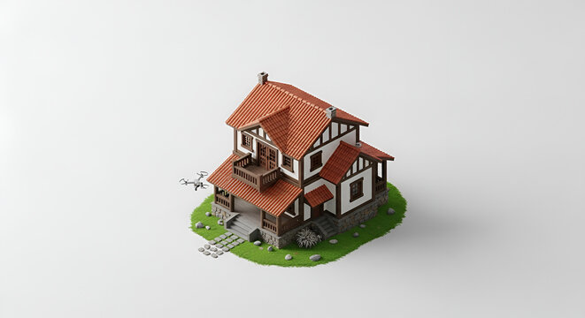 Detailed voxel art of a quaint, multi-story European-style building with a tiled roof and timber framing, set on a small grassy island