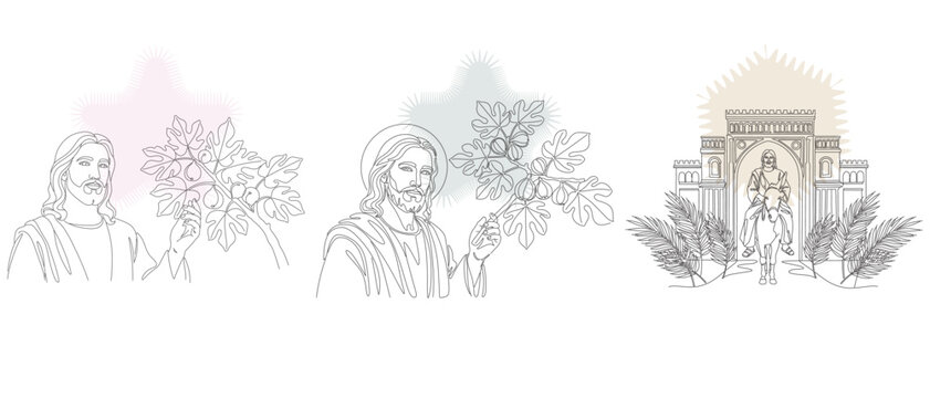 Vintage style illustration depicting scenes from the biblical story of Jesus' triumphal entry into Jerusalem with palm branches.