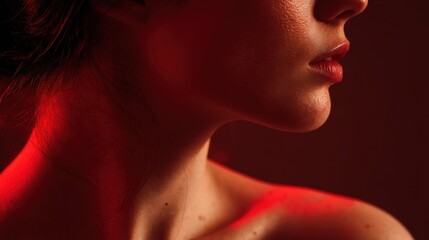 Elegant Woman Neck and Shoulder Profile Close-Up Illuminated by Deep Red Light Therapy Glow, Sensual Beauty Skin Care Wellness Treatment and Phototherapy Aesthetic Medicine Portrait