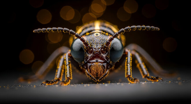 Extreme close-up macro shot of an insect's head covered in sparkling golden glitter, ant-like creature with detailed eyes and antennae against a dark