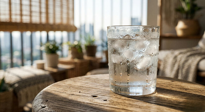 Iced drink with condensation on wooden stool at sunny balcony