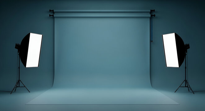 Empty photography studio setup with softbox lights and seamless backdrop, ready for portrait or product shoots