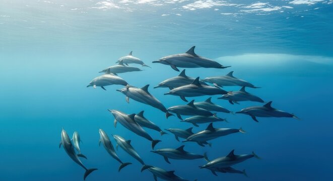 A large pod of spinner dolphins gracefully swimming together in the deep blue ocean underwater