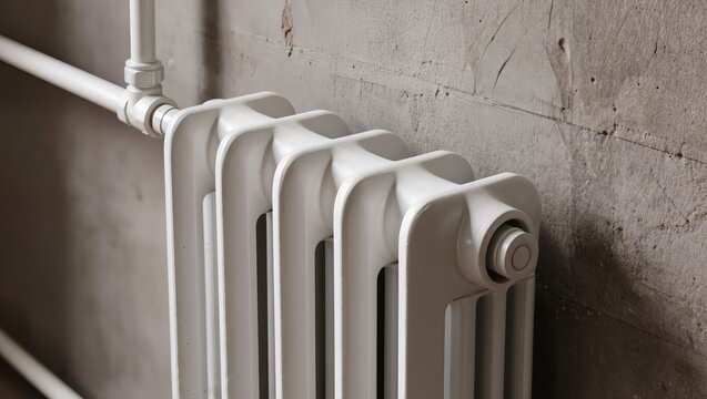 White metal radiator with exposed piping mounted against a rough textu.