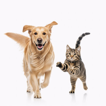 Dog and cat running together side by side in playful motion on white background