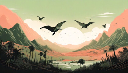 Pixel art prehistoric landscape with flying dinosaurs. © mat
