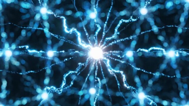 Glowing blue electric orb with bright sparks and lightning on dark background with space