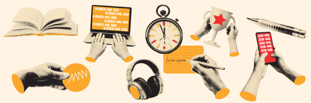 Halftone pop art dot book laptop typing hand clock headphone mug pen writing note paper office work elements vector illustration