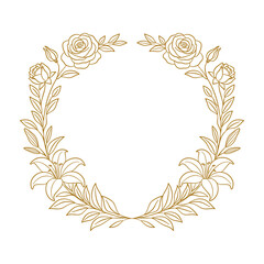 Elegancki złoty wianek z różami, liliami i pąkami. Okrągła ramka dekoracyjna na zaproszenia ślubne, komunijne, kartki okolicznościowe, kondolencyjne oraz projekty dekoracyjne i logotypy. © Monika