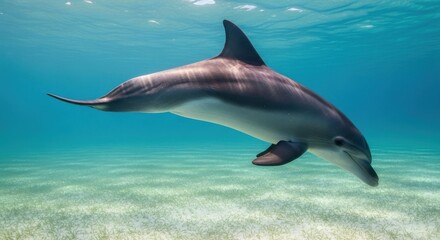 Naklejka premium A solitary dolphin gracefully swims through clear blue ocean waters, sunlight shimmering on its body.