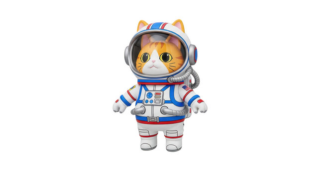 Cute cartoon orange tabby cat astronaut wearing a detailed white space suit and helmet transparent background