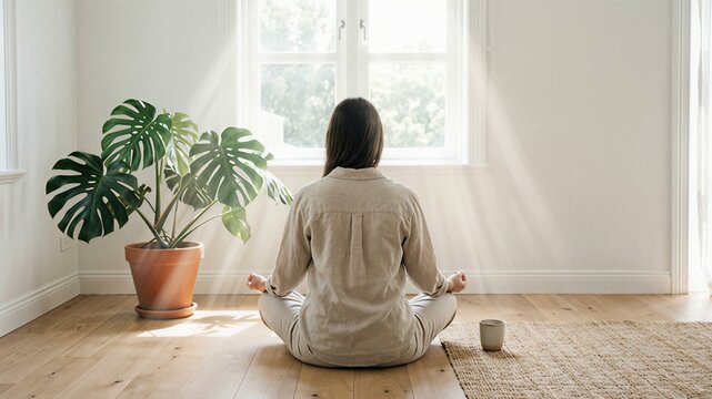 Woman meditating on the floor in a sunlit room with houseplants, home mindfulness and mental peace concept