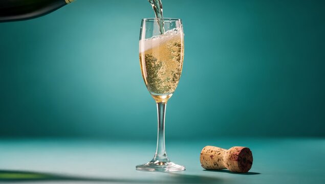 A champagne flute being filled with bubbly wine next to a cork on a teal background, capturing a moment of celebration and luxury.