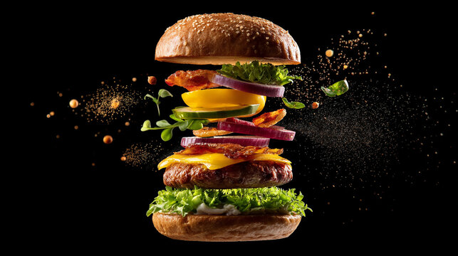 A delicious deconstructed burger floats dramatically in air.