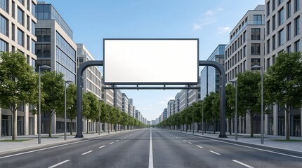 Obraz premium A large blank billboard stands on a wide city street lined with modern buildings and green trees under a clear blue sky.
