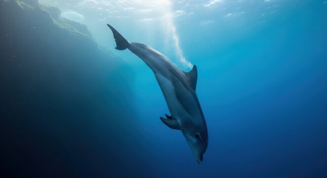 Graceful dolphin diving steeply downwards in sunlit ocean depths, showcasing marine life and underwater beauty.