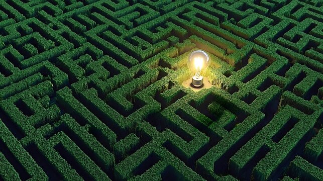 Glowing lightbulb representing solution finding in a green maze