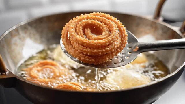 Closeup of Chakli being fried in hot oil a popular Indian snack.