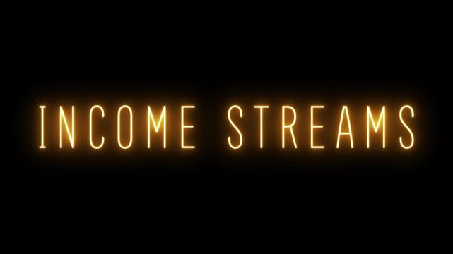 Illuminated orange neon sign displaying the words INCOMESTREAMS centered on a completely black background with a soft glow. Keywords: income streams neon sign, revenue sources glowing
