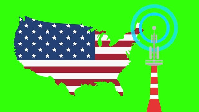 United states flag map is displayed alongside a communication tower emitting blue signal waves