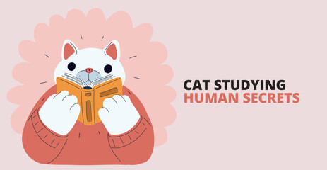 Obraz premium Cartoon vector illustration of giant cat reading a book, symbolizing knowledge, curiosity, and imagination