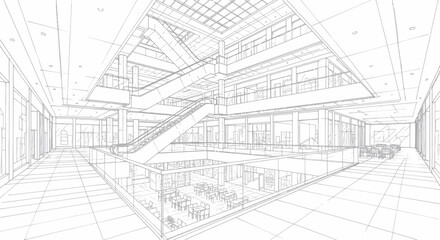 Architectural blueprint of a modern building interior with multiple floors and an escalator. © Dika