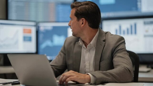 Medium shot of broker analyzing loan performance summary emails with focused foreground blurred background screens highlighting key payment trends.