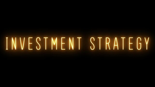 Glowing orange neon text spelling INVESTMENTSTRATEGY shines brightly on a dark black background, representing financial planning, wealth management, and investment decisions