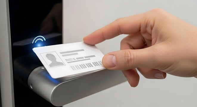 A hand presenting an RFID access card to a modern digital door reader for secure entry into a building.