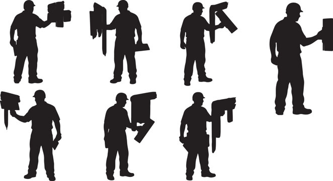 Black Solid Drywall Taper Metal Putty Knife Role Silhouettes Set of Six on White Background