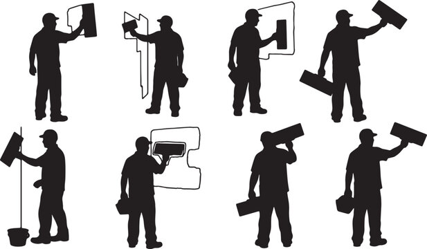 Black Solid Drywall Taper Metal Putty Knife Role Silhouettes Set of Six on White Background