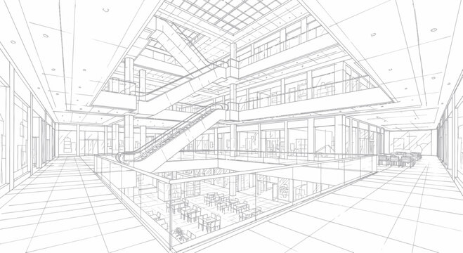 Architectural blueprint of a modern building interior with multiple floors and an escalator.