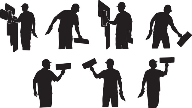 Black Solid Drywall Taper Metal Putty Knife Role Silhouettes Set of Six on White Background