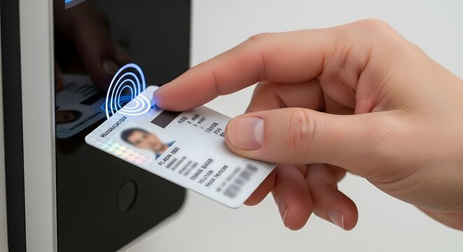A hand is holding and scanning a personal identification card on a modern access control reader system.