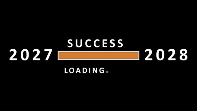 A progress bar indicating success loading from the year 2027 to 2028 with the word SUCES above and LOADING below in white text on a black background with an orange progress bar Keywords