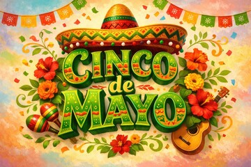 Fototapeta premium Vintage Cinco de Mayo banner, colorful Mexican holiday celebration background with floral ornament and festive texture