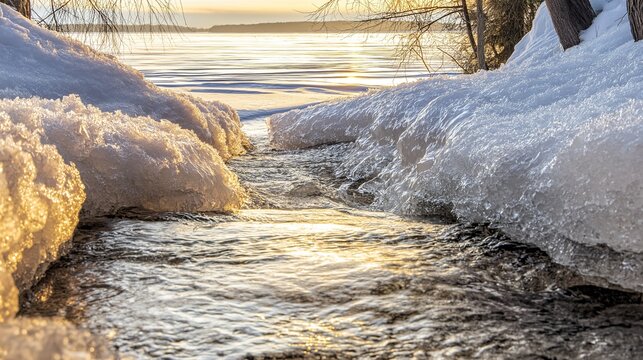 verglas. Landscape of a melting river breaking through ice in morning light. travel magazines, destination branding, designed for outdoor magazines and nature guides, drives exploration.