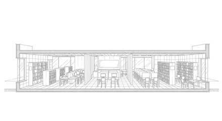 Architectural drawing of a modern interior space with furniture and shelving. © Dika