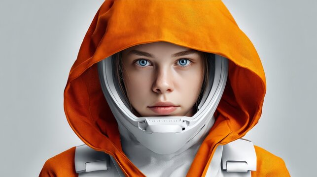 Astronaut in orange suit with hooded jacket.